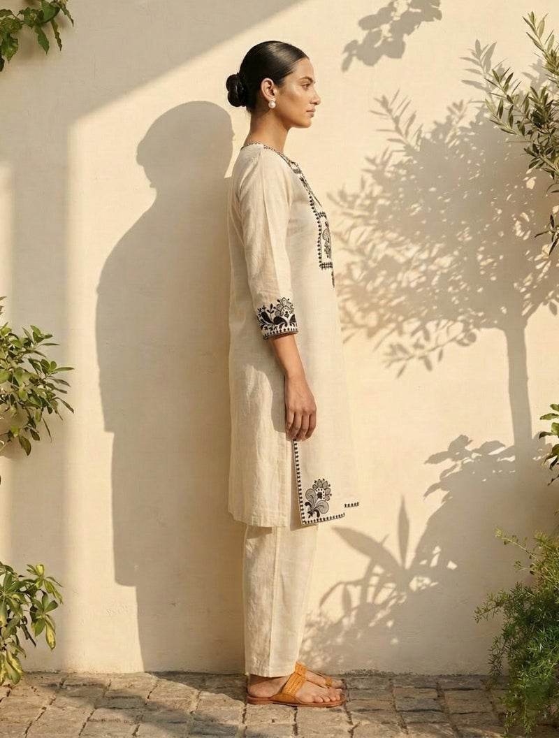 trueBrowns Off-White Black Embroidered Kurta Co-Ord Pant Set - Image 3